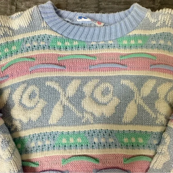 VTG 80s 90s Rose Textured 3D Knit Sweater Wms M NO SIZE TAG USA Pastel Glitter - Picture 2 of 14